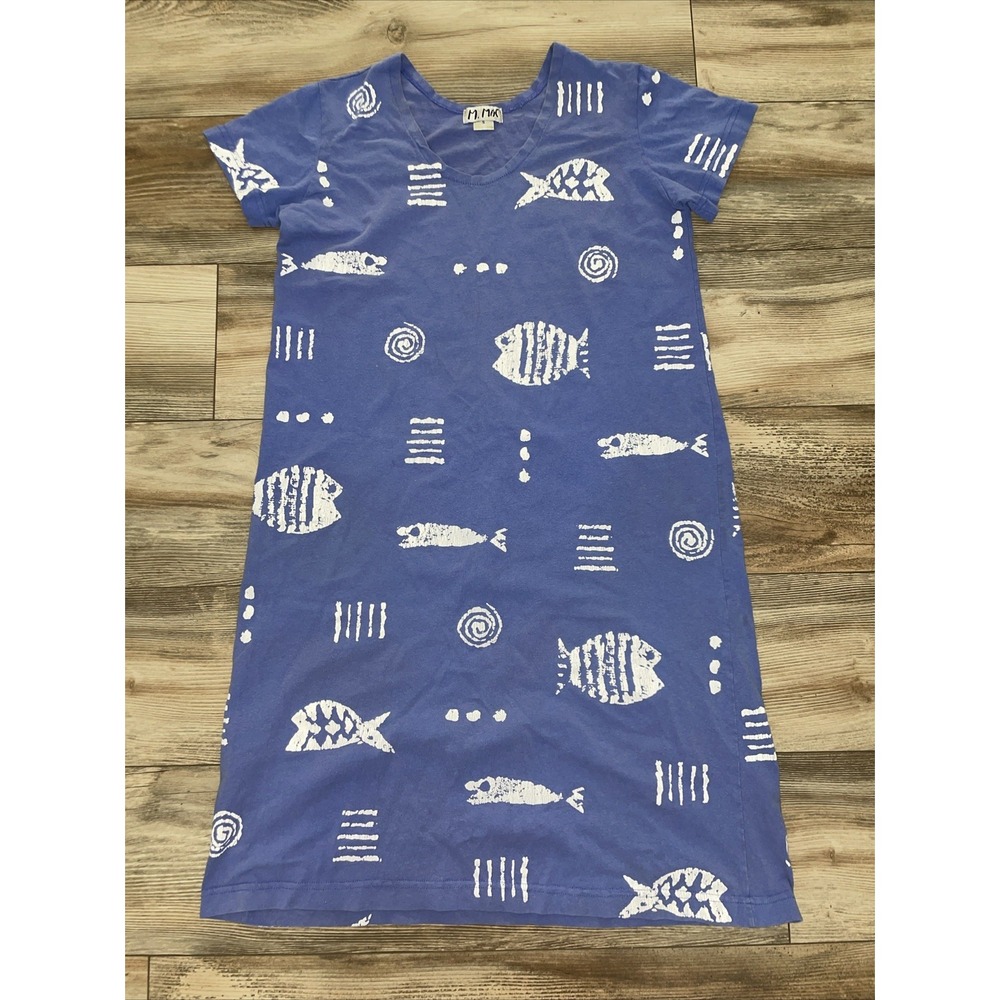 M.Mac Vintage Blue 100% Cotton Fish Print Beach Coverup T-Shirt Dress Small